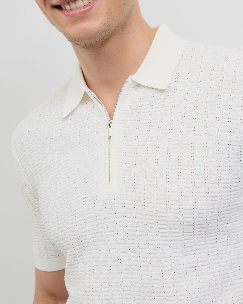 Textured Zip-up Knit Polo, White, hi-res
